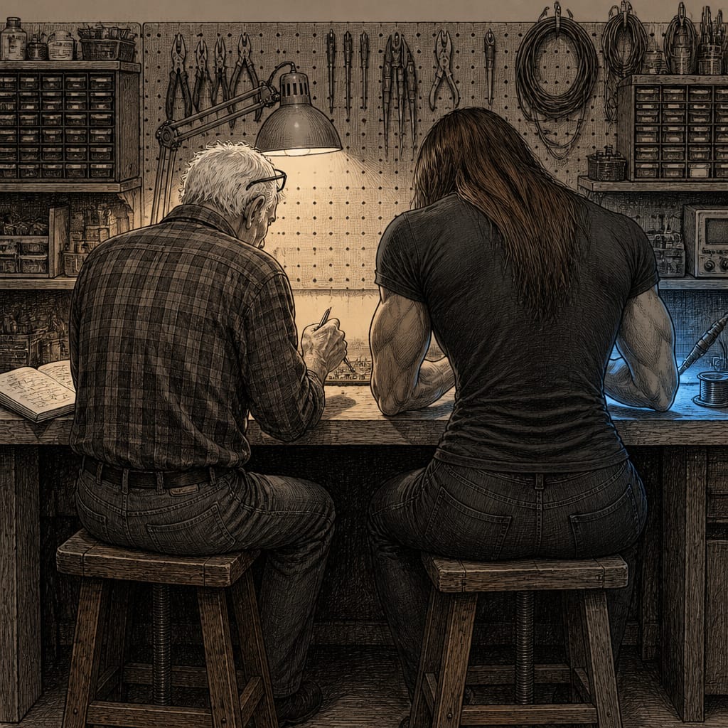 An elderly engineer and a tall, powerfully built woman seated at a workbench, bent over a small circuit board under a bench lamp, seen from behind.